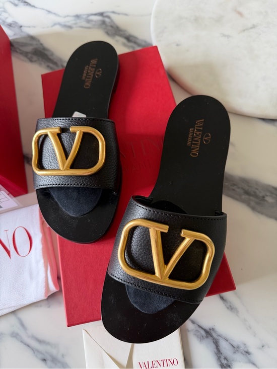 Valentino Garavani Shoes - Valentino Garavani Black Leather Slide Sandals with Gold V Logo $850